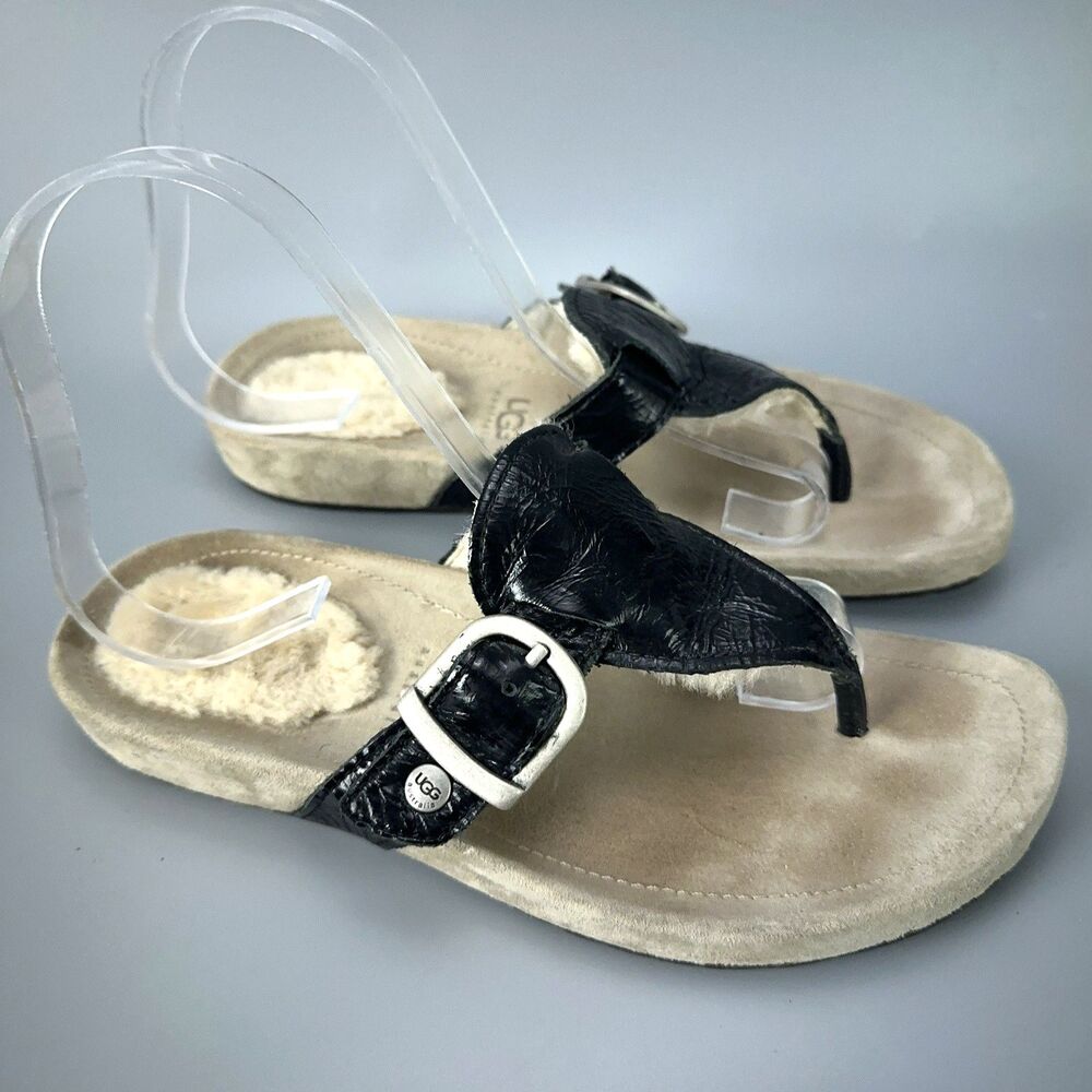 Women's UGG 1721 Black Shiny Leather  Slip On Flip Flop Buckle Sandals  Size 7